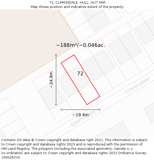 72, CLARONDALE, HULL, HU7 4AR: Plot and title map