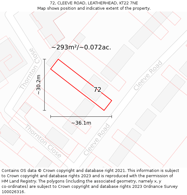 72, CLEEVE ROAD, LEATHERHEAD, KT22 7NE: Plot and title map