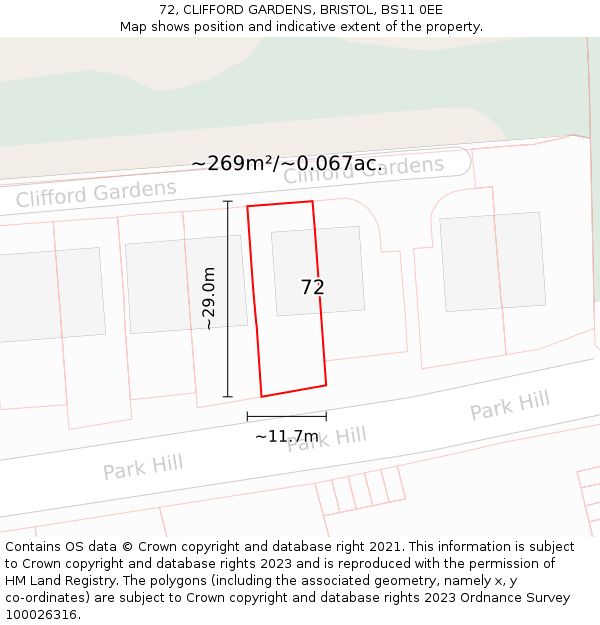 72, CLIFFORD GARDENS, BRISTOL, BS11 0EE: Plot and title map