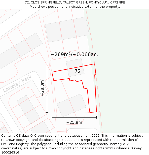 72, CLOS SPRINGFIELD, TALBOT GREEN, PONTYCLUN, CF72 8FE: Plot and title map