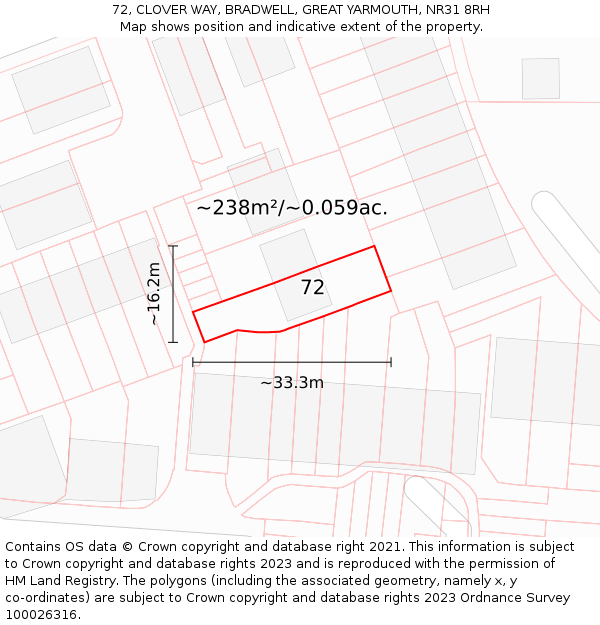 72, CLOVER WAY, BRADWELL, GREAT YARMOUTH, NR31 8RH: Plot and title map