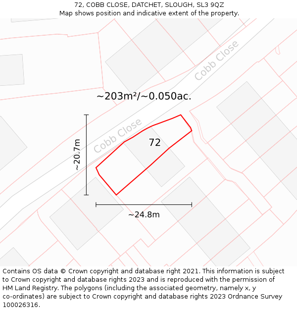 72, COBB CLOSE, DATCHET, SLOUGH, SL3 9QZ: Plot and title map
