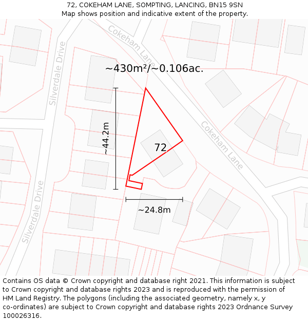 72, COKEHAM LANE, SOMPTING, LANCING, BN15 9SN: Plot and title map
