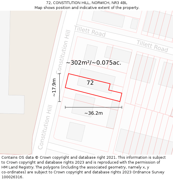 72, CONSTITUTION HILL, NORWICH, NR3 4BL: Plot and title map