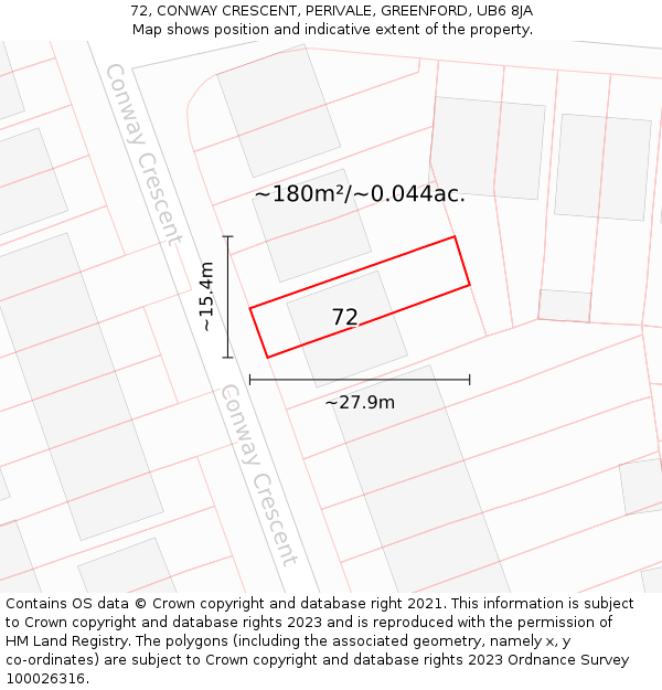 72, CONWAY CRESCENT, PERIVALE, GREENFORD, UB6 8JA: Plot and title map