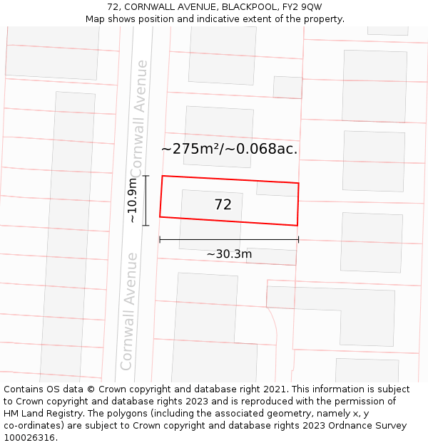72, CORNWALL AVENUE, BLACKPOOL, FY2 9QW: Plot and title map