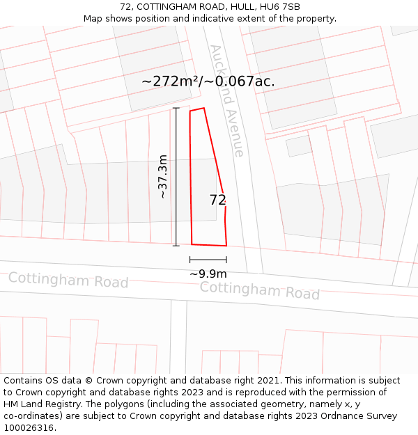 72, COTTINGHAM ROAD, HULL, HU6 7SB: Plot and title map