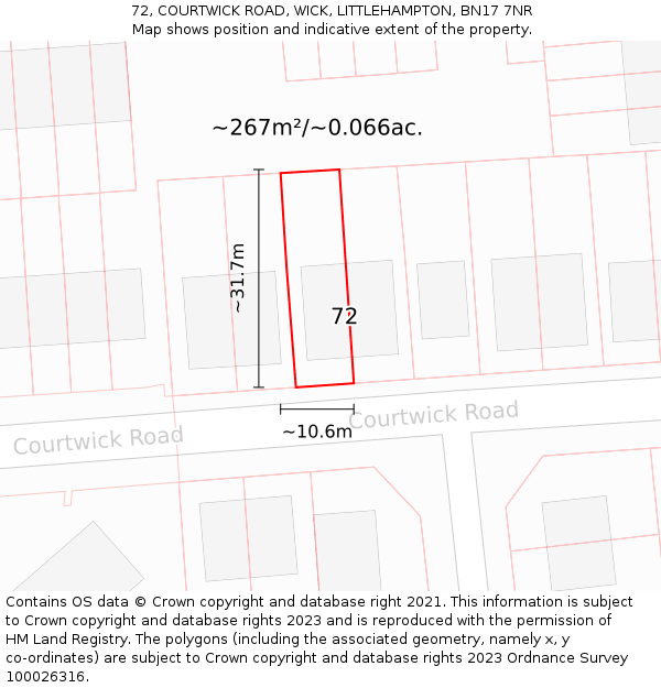 72, COURTWICK ROAD, WICK, LITTLEHAMPTON, BN17 7NR: Plot and title map