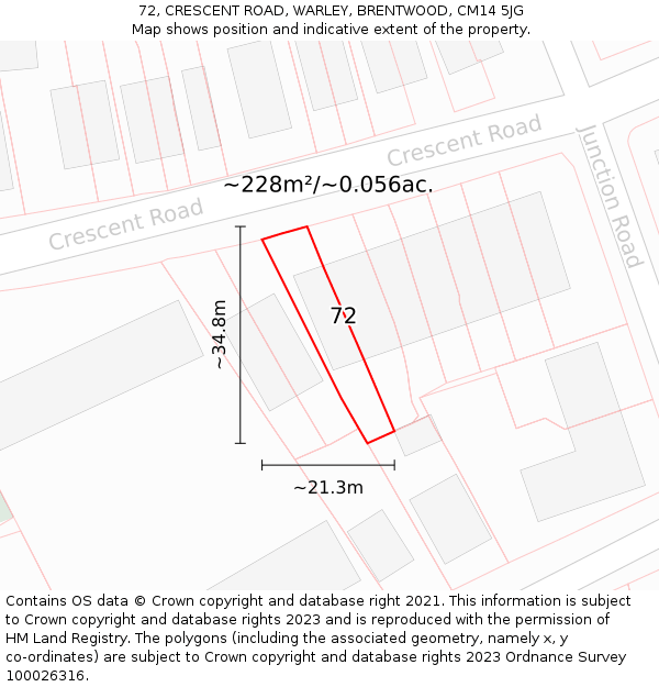 72, CRESCENT ROAD, WARLEY, BRENTWOOD, CM14 5JG: Plot and title map