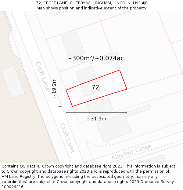72, CROFT LANE, CHERRY WILLINGHAM, LINCOLN, LN3 4JP: Plot and title map