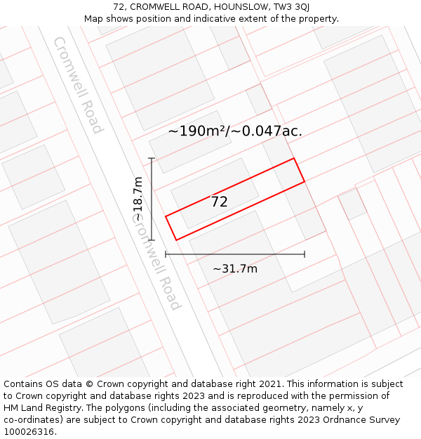 72, CROMWELL ROAD, HOUNSLOW, TW3 3QJ: Plot and title map