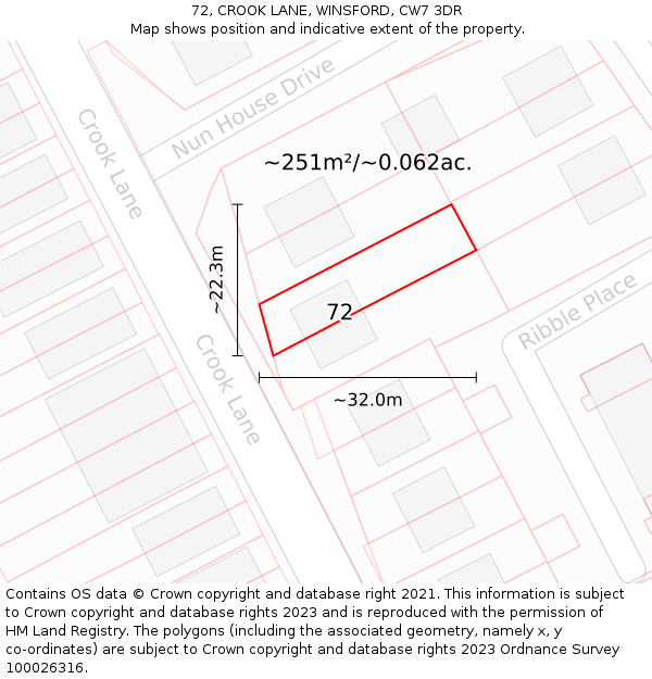 72, CROOK LANE, WINSFORD, CW7 3DR: Plot and title map