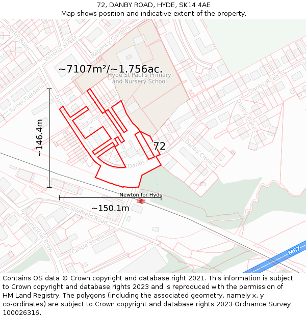72, DANBY ROAD, HYDE, SK14 4AE: Plot and title map