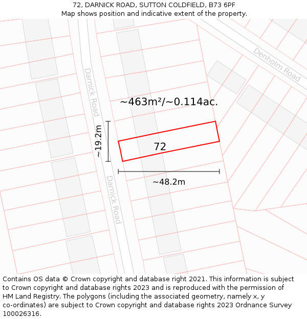 72, DARNICK ROAD, SUTTON COLDFIELD, B73 6PF: Plot and title map