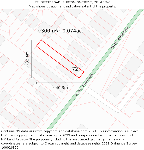 72, DERBY ROAD, BURTON-ON-TRENT, DE14 1RW: Plot and title map
