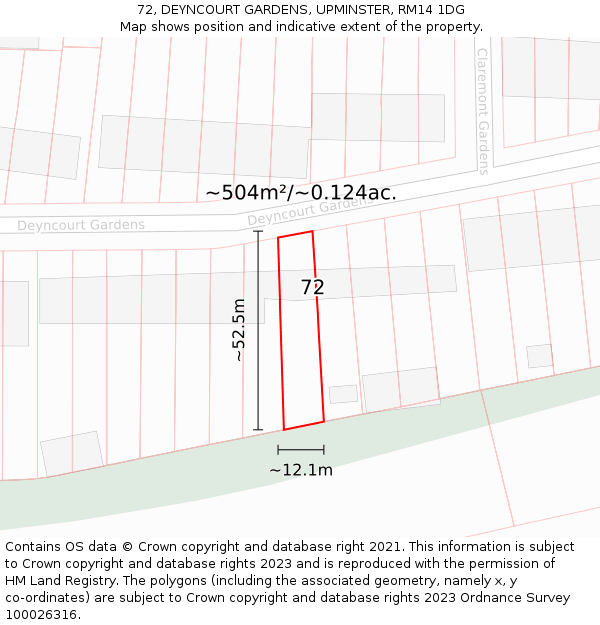 72, DEYNCOURT GARDENS, UPMINSTER, RM14 1DG: Plot and title map
