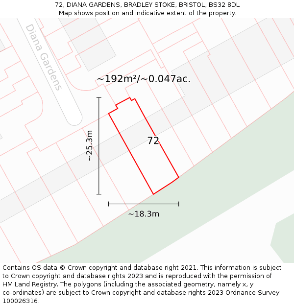 72, DIANA GARDENS, BRADLEY STOKE, BRISTOL, BS32 8DL: Plot and title map