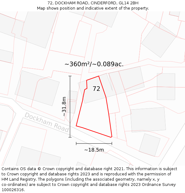 72, DOCKHAM ROAD, CINDERFORD, GL14 2BH: Plot and title map