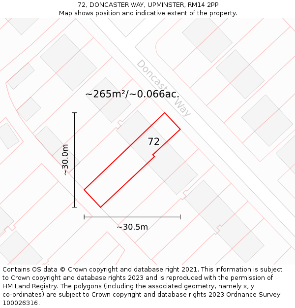 72, DONCASTER WAY, UPMINSTER, RM14 2PP: Plot and title map