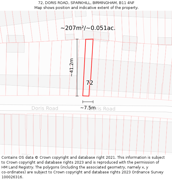 72, DORIS ROAD, SPARKHILL, BIRMINGHAM, B11 4NF: Plot and title map