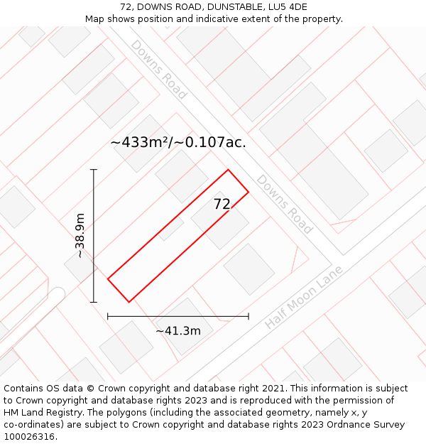 72, DOWNS ROAD, DUNSTABLE, LU5 4DE: Plot and title map