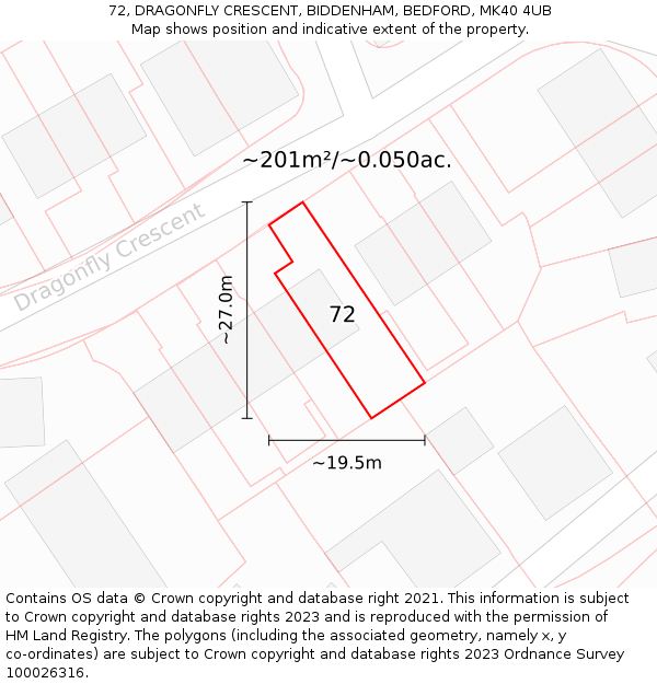 72, DRAGONFLY CRESCENT, BIDDENHAM, BEDFORD, MK40 4UB: Plot and title map