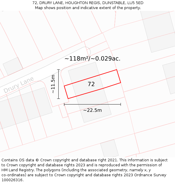 72, DRURY LANE, HOUGHTON REGIS, DUNSTABLE, LU5 5ED: Plot and title map