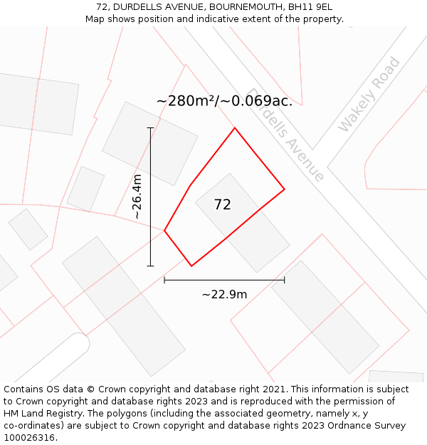 72, DURDELLS AVENUE, BOURNEMOUTH, BH11 9EL: Plot and title map