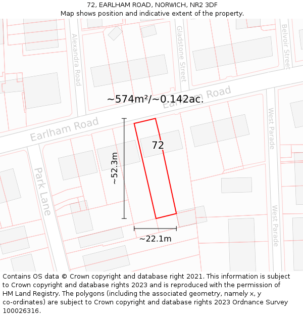 72, EARLHAM ROAD, NORWICH, NR2 3DF: Plot and title map