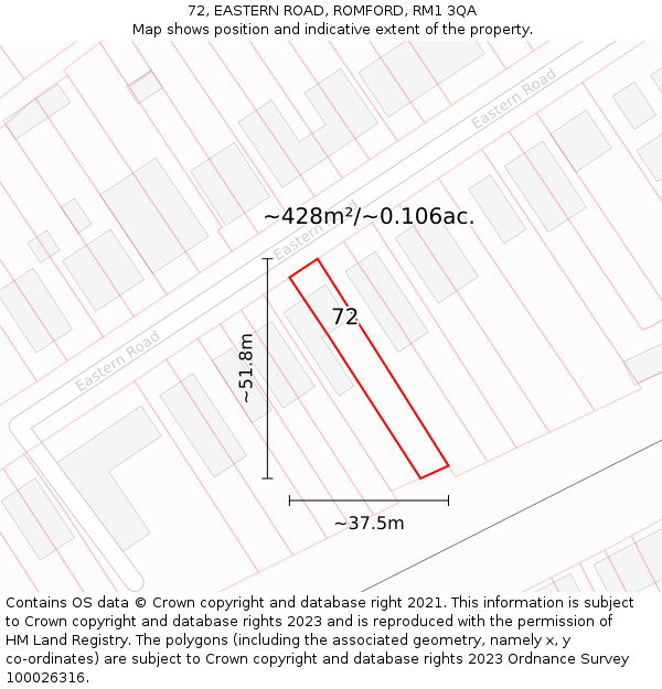 72, EASTERN ROAD, ROMFORD, RM1 3QA: Plot and title map