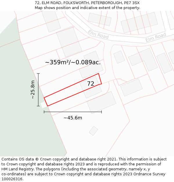 72, ELM ROAD, FOLKSWORTH, PETERBOROUGH, PE7 3SX: Plot and title map