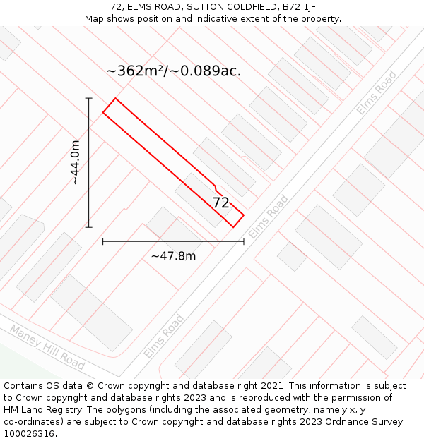 72, ELMS ROAD, SUTTON COLDFIELD, B72 1JF: Plot and title map