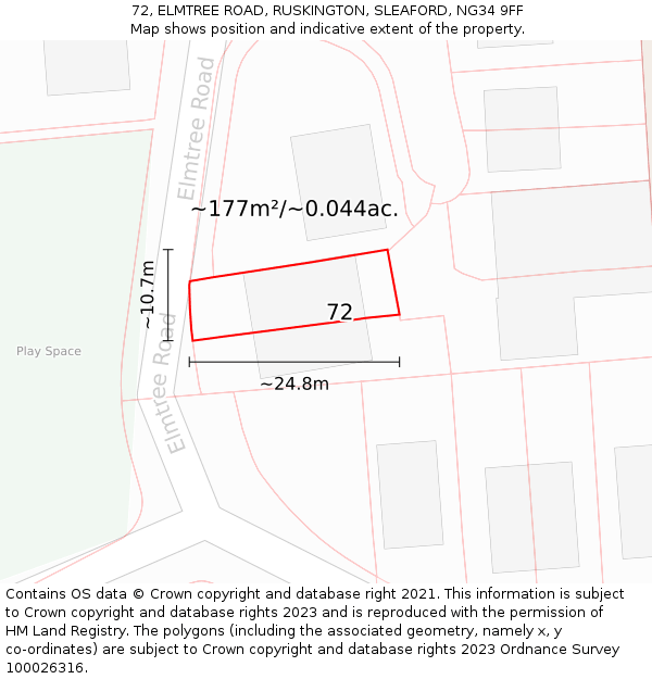 72, ELMTREE ROAD, RUSKINGTON, SLEAFORD, NG34 9FF: Plot and title map