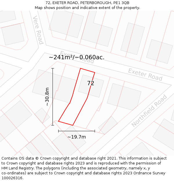 72, EXETER ROAD, PETERBOROUGH, PE1 3QB: Plot and title map