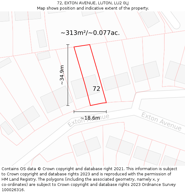 72, EXTON AVENUE, LUTON, LU2 0LJ: Plot and title map