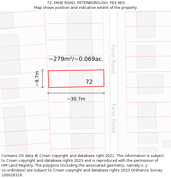 72, FANE ROAD, PETERBOROUGH, PE4 6ES: Plot and title map