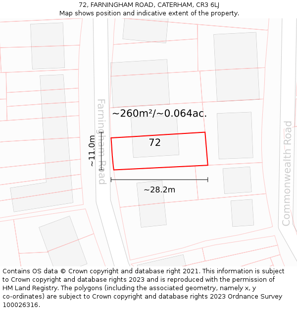 72, FARNINGHAM ROAD, CATERHAM, CR3 6LJ: Plot and title map