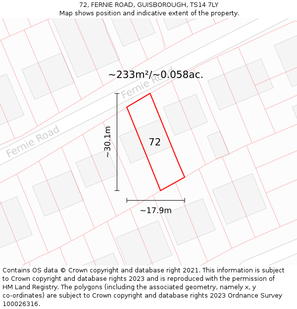 72, FERNIE ROAD, GUISBOROUGH, TS14 7LY: Plot and title map