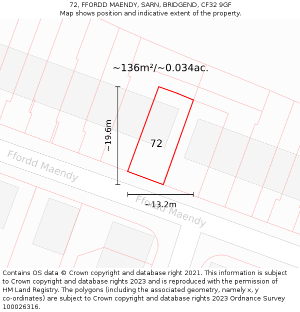 72, FFORDD MAENDY, SARN, BRIDGEND, CF32 9GF: Plot and title map