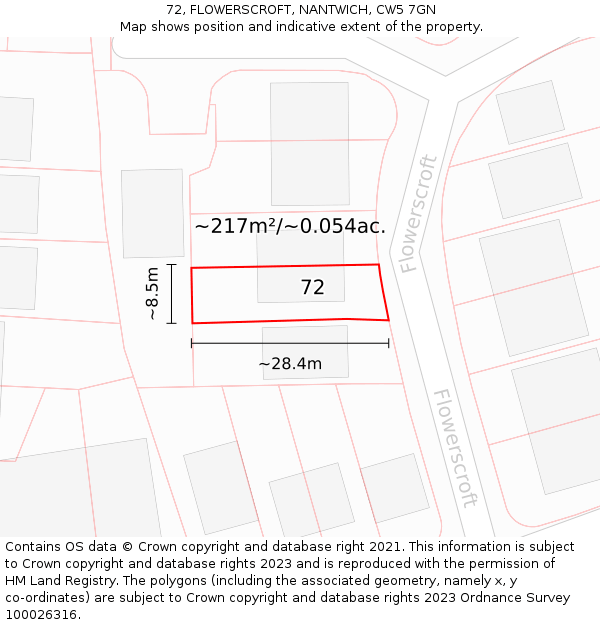 72, FLOWERSCROFT, NANTWICH, CW5 7GN: Plot and title map