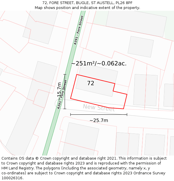 72, FORE STREET, BUGLE, ST AUSTELL, PL26 8PF: Plot and title map