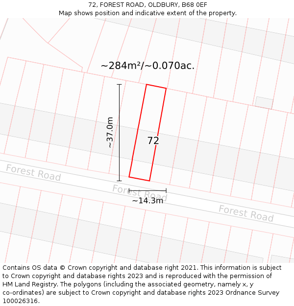 72, FOREST ROAD, OLDBURY, B68 0EF: Plot and title map