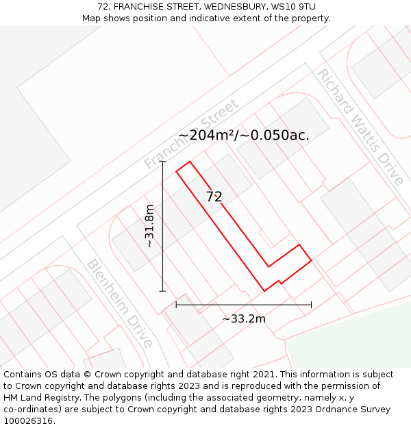 72, FRANCHISE STREET, WEDNESBURY, WS10 9TU: Plot and title map