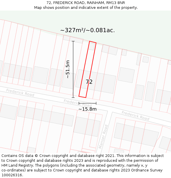 72, FREDERICK ROAD, RAINHAM, RM13 8NR: Plot and title map
