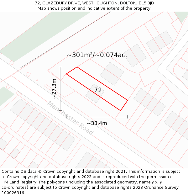72, GLAZEBURY DRIVE, WESTHOUGHTON, BOLTON, BL5 3JB: Plot and title map