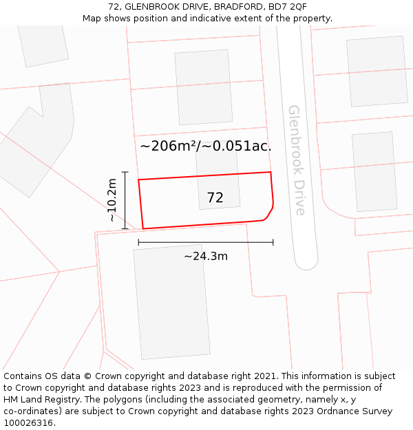 72, GLENBROOK DRIVE, BRADFORD, BD7 2QF: Plot and title map