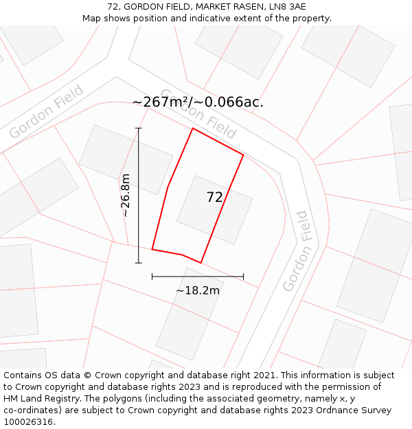 72, GORDON FIELD, MARKET RASEN, LN8 3AE: Plot and title map