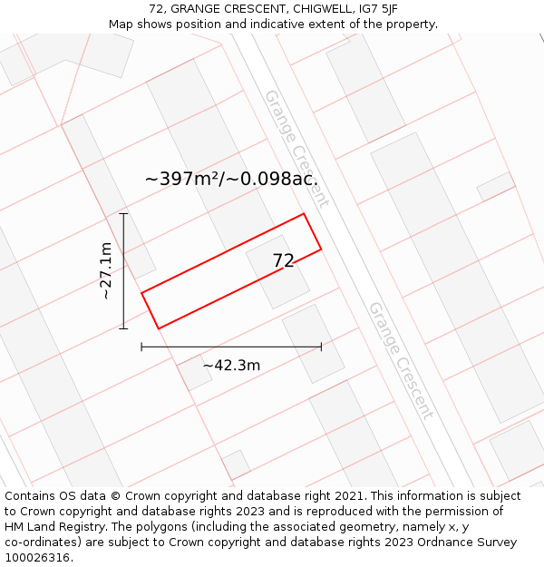 72, GRANGE CRESCENT, CHIGWELL, IG7 5JF: Plot and title map