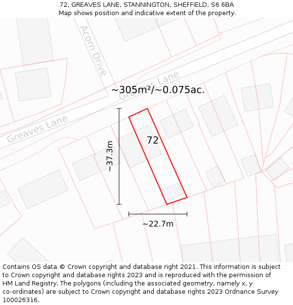 72, GREAVES LANE, STANNINGTON, SHEFFIELD, S6 6BA: Plot and title map