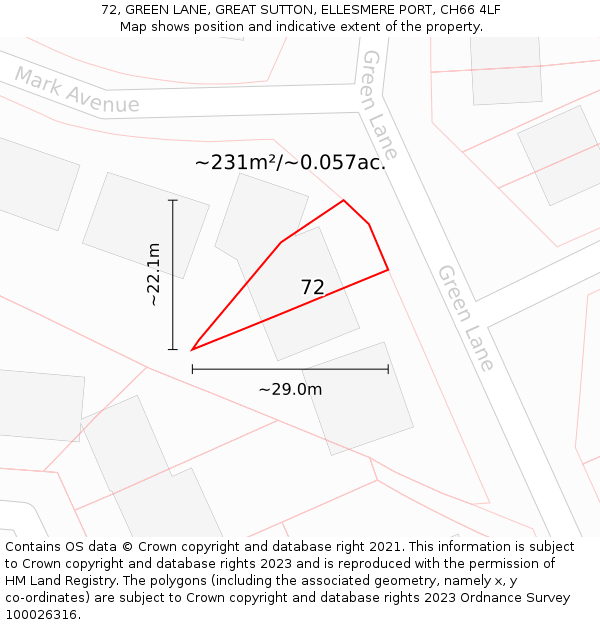 72, GREEN LANE, GREAT SUTTON, ELLESMERE PORT, CH66 4LF: Plot and title map